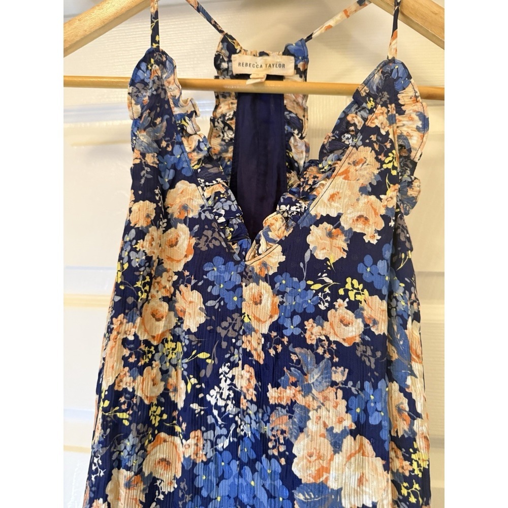 Rebecca Taylor Dress Womens 0 Blue Floral Silk Halter Ruffle Racerback Mini - Picture 3 of 9